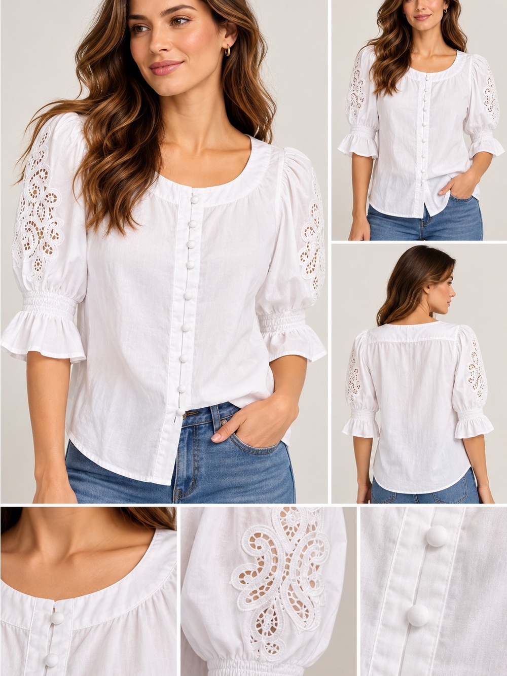 Lauren Ralph Lauren White Eyelet Button-Front Puff Sleeve Blouse